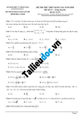 Đề thi thử THPT Quốc gia môn Toán năm 2020 - Đề số 57 - Bộ giáo dục và đào tạo (Có đáp án)