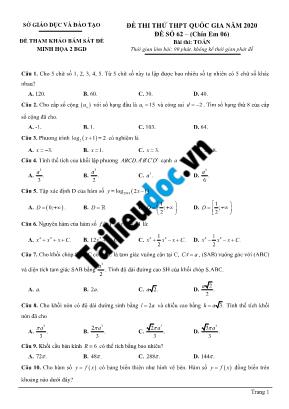 Đề thi thử THPT Quốc gia môn Toán năm 2020 - Đề số 62 (Có đáp án)