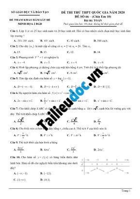 Đề thi thử THPT Quốc gia môn Toán năm 2020 - Đề số 66 (Có đáp án)
