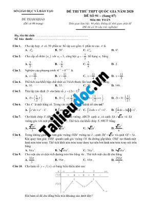 Đề thi thử THPT Quốc gia môn Toán năm 2020 - Đề số 91 (Có đáp án)