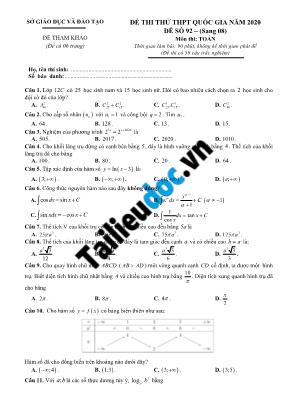 Đề thi thử THPT Quốc gia môn Toán năm 2020 - Đề số 92 (Có đáp án)