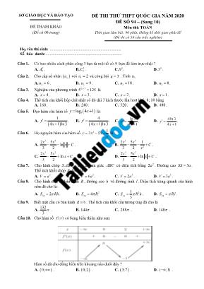 Đề thi thử THPT Quốc gia môn Toán năm 2020 - Đề số 94 (Có đáp án)