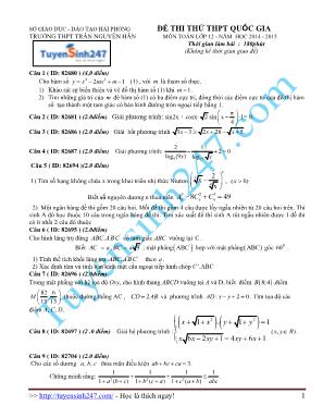 Đề thi thử THPT Quốc gia môn Toán - Năm học 2014-2015 - Trường THPT Trần Nguyên Hãn (Có đáp án)