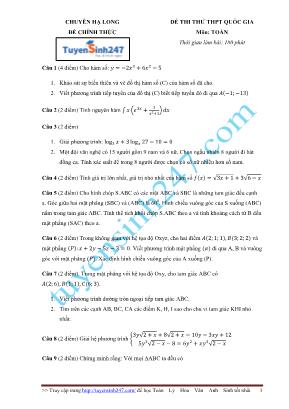 Đề thi thử THPT Quốc gia môn Toán - Trường THPT chuyên Hạ Long (Có đáp án)