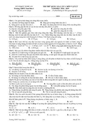 Đề thi thử THPT Quốc gia môn Vật lý lần 3 - Mã đề 101 - Năm học 2018-2019 - Trường THPT Nam Đàn 1