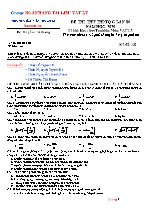 Đề thi thử THPT Quốc gia môn Vật lý năm 2020 lần 16 - Mã đề 132 - Nhóm giáo viên Hocmai