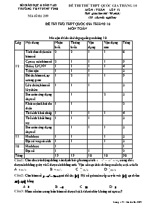 Đề thi thử THPT Quốc gia tháng 10 môn Toán - Mã đề 209 (Có đáp án)