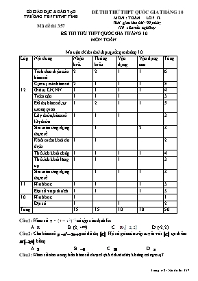 Đề thi thử THPT Quốc gia tháng 10 môn Toán - Mã đề 357 (Có đáp án)