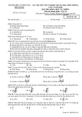 Đề thi thử Tốt nghiệp THPT lần 1 môn Vật lý năm 2020 - Mã đề 201 - Sở giáo dục và đào tạo Bắc Giang