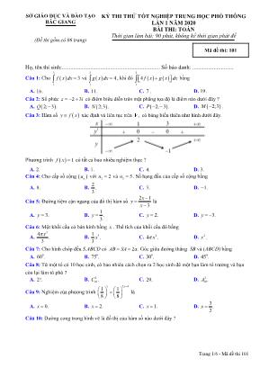 Đề thi thử Tốt nghiệp THPT môn Toán năm 2019 lần 1 - Mã đề 101 - Sở giáo dục và đào tạo Bắc Giang