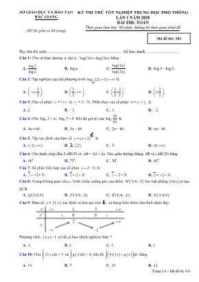 Đề thi thử Tốt nghiệp THPT môn Toán năm 2019 lần 1 - Mã đề 103 - Sở giáo dục và đào tạo Bắc Giang