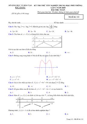 Đề thi thử Tốt nghiệp THPT môn Toán năm 2019 lần 1 - Mã đề 112 - Sở giáo dục và đào tạo Bắc Giang