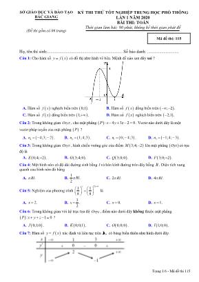 Đề thi thử Tốt nghiệp THPT môn Toán năm 2019 lần 1 - Mã đề 115 - Sở giáo dục và đào tạo Bắc Giang