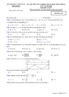 Đề thi thử Tốt nghiệp THPT môn Toán năm 2019 lần 1 - Mã đề 122 - Sở giáo dục và đào tạo Bắc Giang