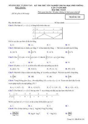 Đề thi thử Tốt nghiệp THPT môn Toán năm 2019 lần 1 - Mã đề 124 - Sở giáo dục và đào tạo Bắc Giang