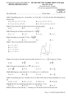 Đề thi thử Tốt nghiệp THPT môn Toán năm 2020 - Mã đề P.TÚ - Trường THPT Đô Lương 4 (Có đáp án)