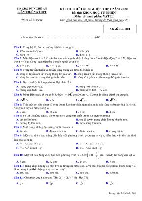 Đề thi thử Tốt nghiệp THPT môn Vật lý năm 2020 - Mã đề 201 - Liên trường THPT tỉnh Nghệ An (Có đáp án)