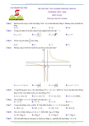 Đề thi thử Tốt nghiệp THPT Quốc gia môn Toán - Năm học 2019-2020 - Sở giáo dục và đào tạo Hà Nội (Có đáp án)