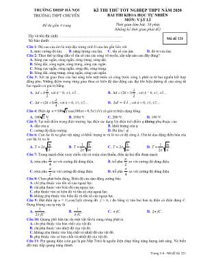 Đề thi thử Tốt nghiệp THPT Quốc gia môn Vật lý năm 2020 - Mã đề 221 - Đại học Sư phạm Hà Nội