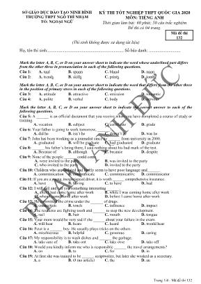 Đề thi Tốt nghiệp THPT Quốc gia môn Tiếng Anh năm 2020 - Mã đề 132 - Trường THPT Ngô Thì Nhậm (Có đáp án)