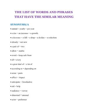 The list of words and phrases that have the similar meaning