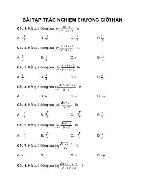 Bài tập trắc nghiệm chương Giới hạn môn Đại số và Giải tích Lớp 11