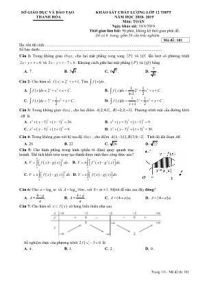 Đề khảo sát chất lượng môn Toán Lớp 12 THPT - Mã đề 101 - Năm học 2018-2019 - Sở giáo dục và đào tạo Thanh Hóa (Có đáp án)