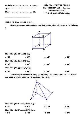 Đề kiểm tra 45 phút Chương III môn Hình học Lớp 11 (Ban cơ bản) - Năm học 2019-2020