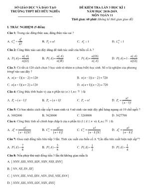 Đề kiểm tra lần 3 học kỳ I môn Toán Lớp 11 - Năm học 2018-2019 - Trường THPT Bùi Hữu Nghĩa