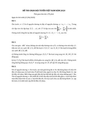 Đề thi chọn đội tuyển Việt Nam môn Toán năm 2020