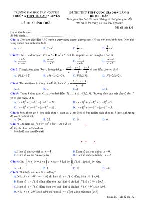 Đề thi thử THPT Quốc gia môn Toán lần 1 - Mã đề 132 - Trường THPT TH Cao Nguyên (Có đáp án)