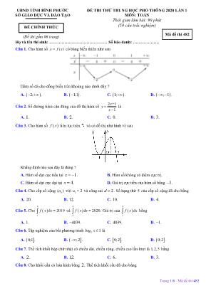 Đề thi thử THPT Quốc gia môn Toán lần 1 năm 2020 - Mã đề 482 - Sở giáo dục và đào tạo Bình Phước (Có đáp án)