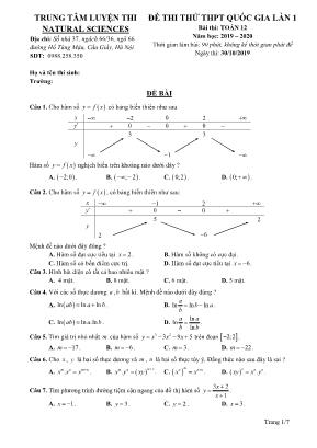 Đề thi thử THPT Quốc gia môn Toán lần 1 - Năm học 2019-2020 - Trung tâm luyện thi Natural Sciences (Có đáp án)