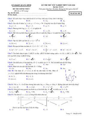 Đề thi thử Tốt nghiệp THPT môn Toán năm 2020 - Mã đề 002 - Sở giáo dục và đào tạo Quảng Bình
