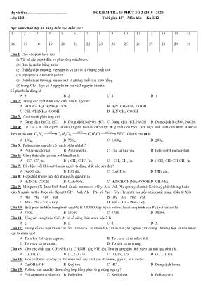 2 Đề kiểm tra 15 phút số 2 môn Hóa học Lớp 12 - Năm học 2019-2020