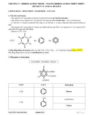 Chuyên đề Hóa học Lớp 11 - Chương V: Hiđrocacbon thơm – Nguồn Hiđrocacbon thiên nhiên Benzen và Ankyl benzen - Nguyễn Thanh Sơn
