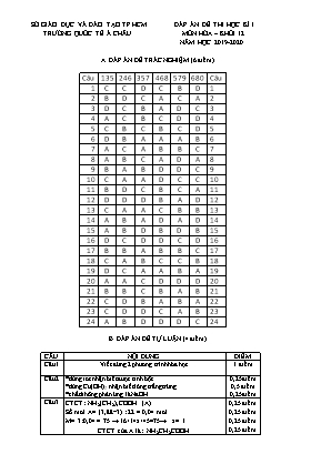 Đáp án đề kiểm tra học kỳ I môn Hóa học Lớp 12 - Năm học 2019-2020 - Trường quốc tế Á Châu