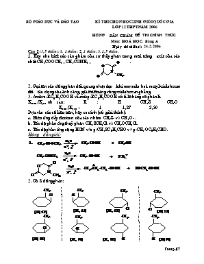 Đáp án đề thi chọn học sinh giỏi Quốc gia môn Hóa học Lớp 12 THPT năm 2006 (Hữu cơ) - Bảng A - Bộ giáo dục và đào tạo
