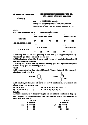 Đề dự bị kỳ thi học sinh giỏi Quốc gia môn Hóa học (Hữu cơ) Lớp 12 THPT - Bảng A - Năm học 2001-2002 - Bộ giáo dục và đào tạo