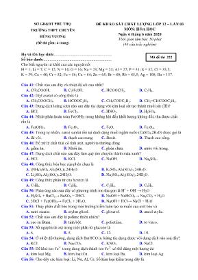 Đề khảo sát chất lượng môn Hóa học Lớp 12 lần 3 năm 2020 - Mã đề 222 - Trường THPT chuyên Hùng Vương (Có đáp án)