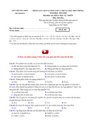 Đề khảo sát chất lượng môn Hóa học Lớp 12 THPT - Mã đề 001 - Năm học 2019-2020 - Liên trường THPT Thanh Hóa (Có đáp án)