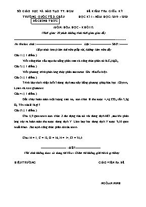 Đề kiểm tra giữa học kỳ I môn Hóa học Lớp 12 - Đề tự luận - Năm học 2019-2020 - Trường quốc tế Á Châu