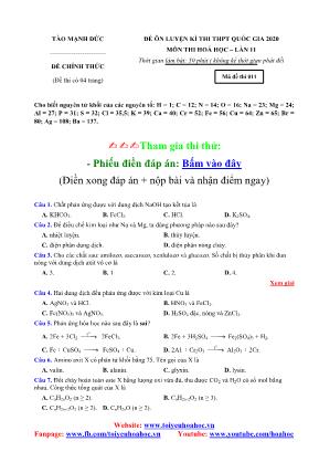 Đề ôn luyện kỳ thi THPT Quốc gia môn Hóa học lần 11 năm 2020 - Mã đề 011 - Tào Mạnh Đức (Có đáp án)