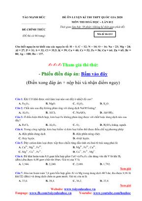 Đề ôn luyện kỳ thi THPT Quốc gia môn Hóa học lần 12 năm 2020 - Mã đề 012 - Tào Mạnh Đức (Có đáp án)
