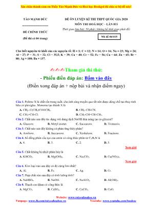 Đề ôn luyện kỳ thi THPT Quốc gia môn Hóa học lần 15 năm 2020 - Mã đề 015 - Tào Mạnh Đức (Có đáp án)