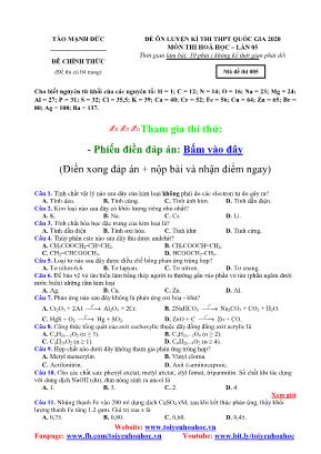 Đề ôn luyện kỳ thi THPT Quốc gia môn Hóa học lần 5 năm 2020 - Mã đề 005 - Tào Mạnh Đức (Có đáp án)