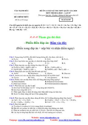 Đề ôn luyện kỳ thi THPT Quốc gia môn Hóa học lần 7 năm 2020 - Mã đề 007 - Tào Mạnh Đức (Có đáp án)