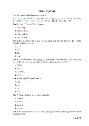 Đề ôn thi THPT Quốc gia môn Hóa học - Đề 05 (Kèm đáp án)
