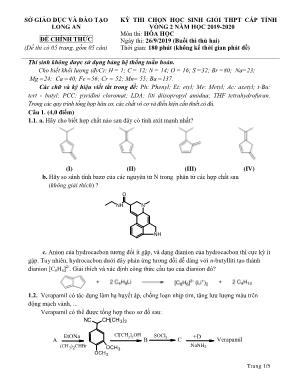 Đề thi chọn học sinh giỏi THPT cấp tỉnh vòng 2 môn Hóa học - Buổi thi thứ hai - Năm học 2019-2020 - Sở giáo dục và đào tạo Long An
