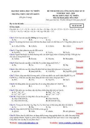 Đề thi đánh giá công bằng học kỳ II môn Hóa học Lớp 12 - Mã đề 485 - Năm học 2019-2020 - Trường THPT chuyên Khoa học Tự nhiên (Có đáp án)